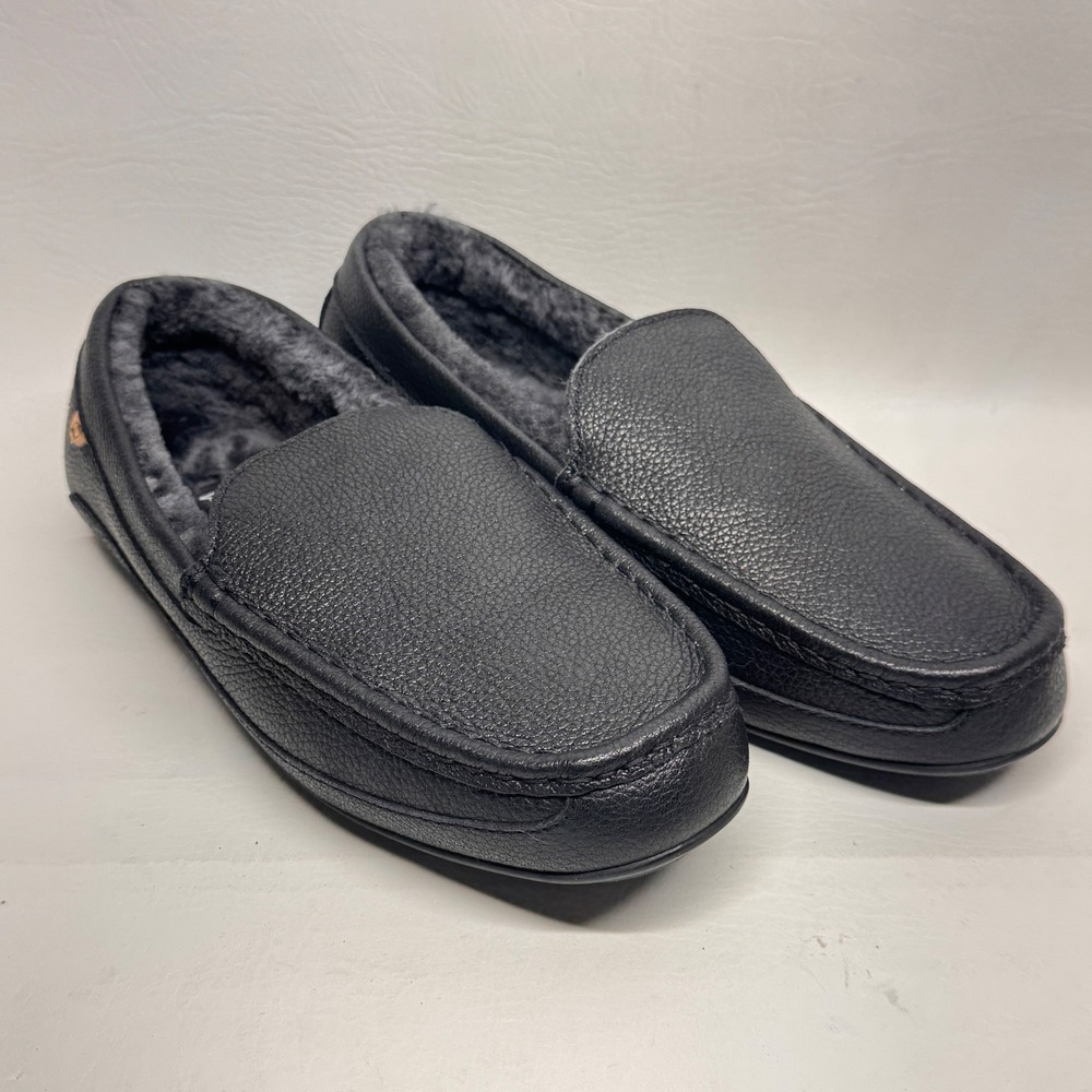 Lamo Moccasin Slippers Mens 10 Black Leather Faux Fur Lined Cozy Indoor Outdoor